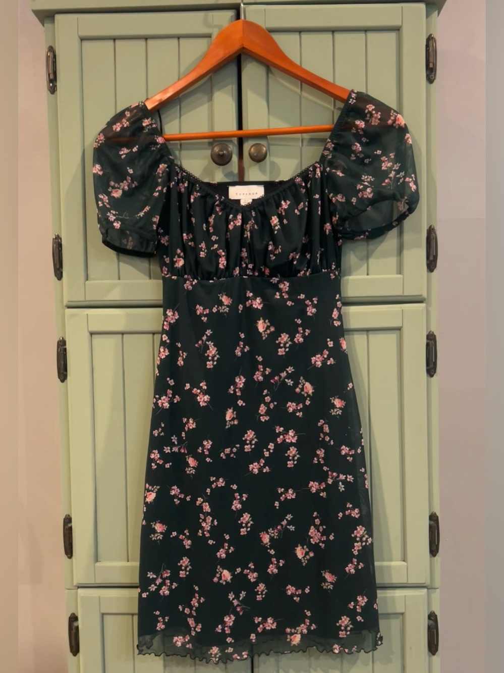 Topshop Dark Green Floral Mini Dress with Pink Flowers